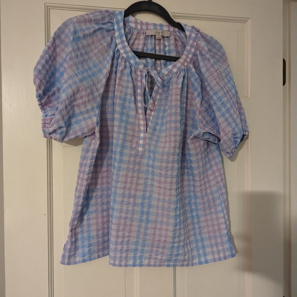 Loft Striped Tie Neck Puff Sleeve Blouse